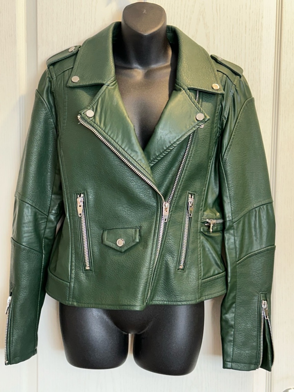 Blank NYC Forest Green Vegan Leather Moto Jacket with Silver Tone Hardware